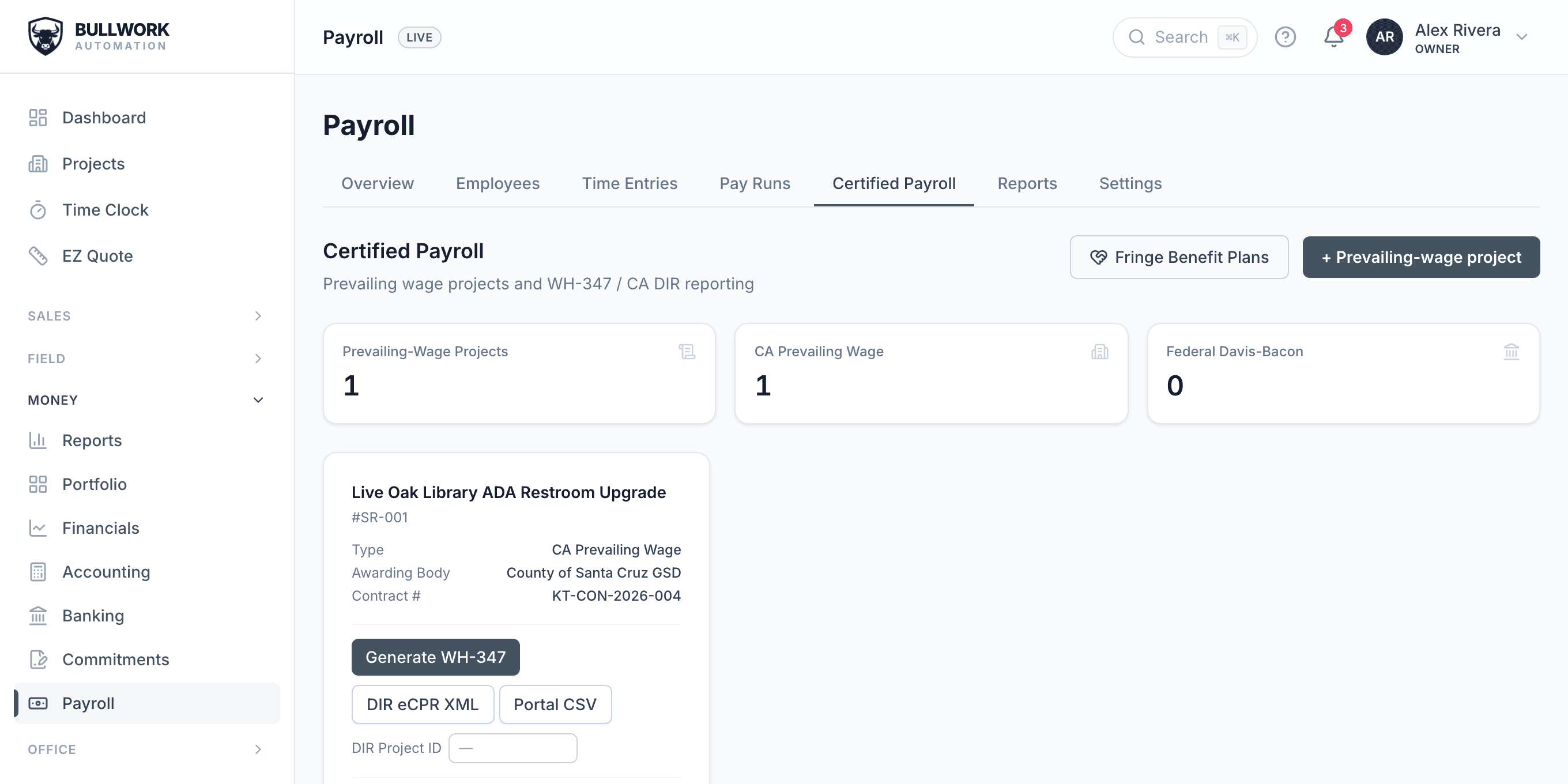Bullwork certified payroll: a prevailing-wage project with one-click WH-347, DIR eCPR XML, and portal CSV exports