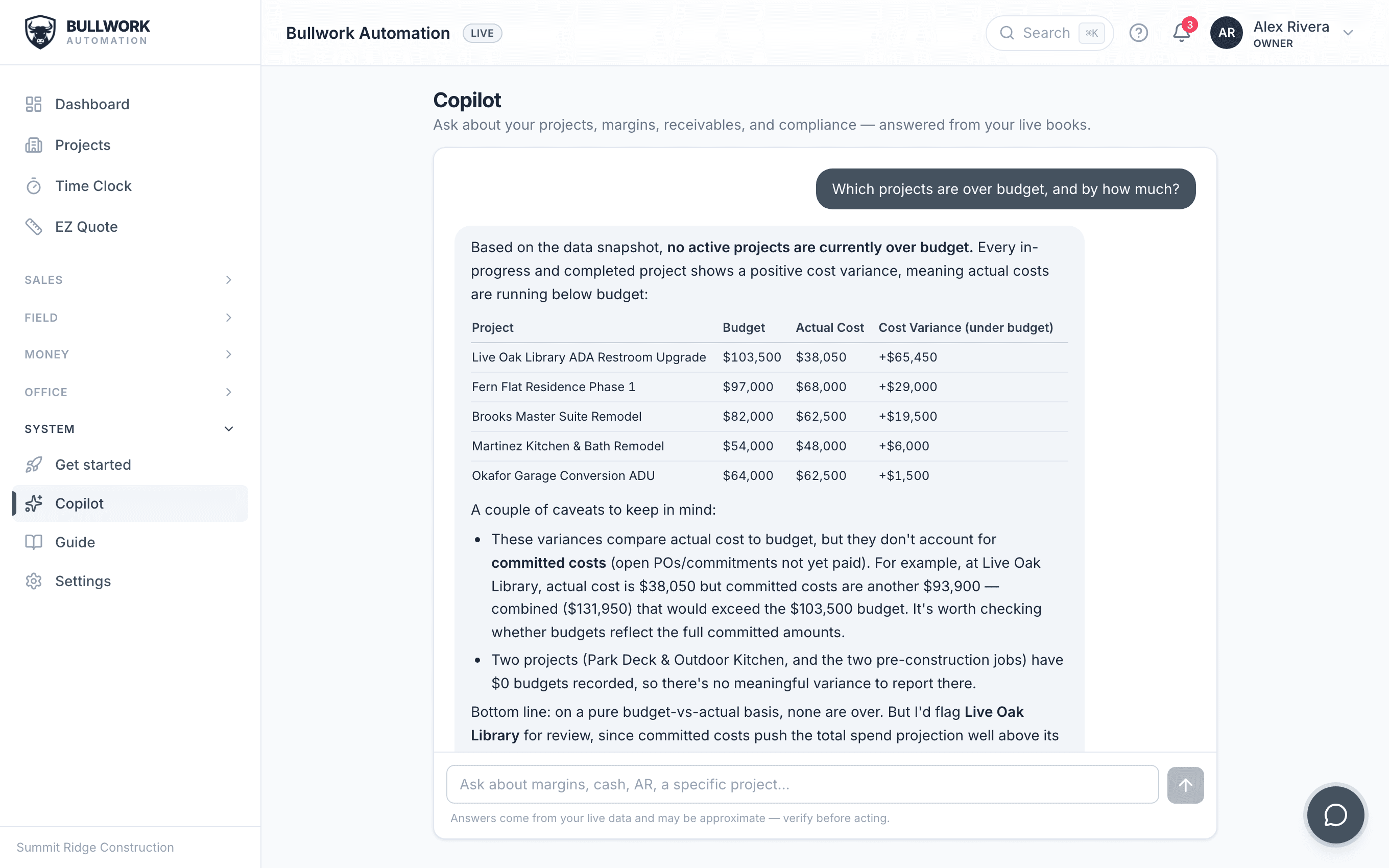 Bullwork Copilot answering questions from a contractor's live books: over-budget projects, past-due AR, and expiring subcontractor insurance
