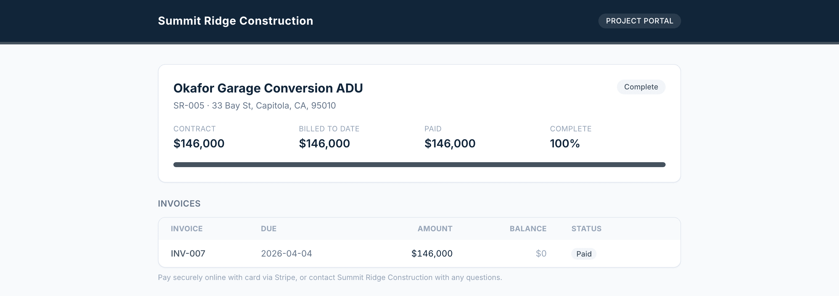 A Bullwork client project portal: the contractor's branding, contract value, billed and paid to date, and percent complete, with no login required