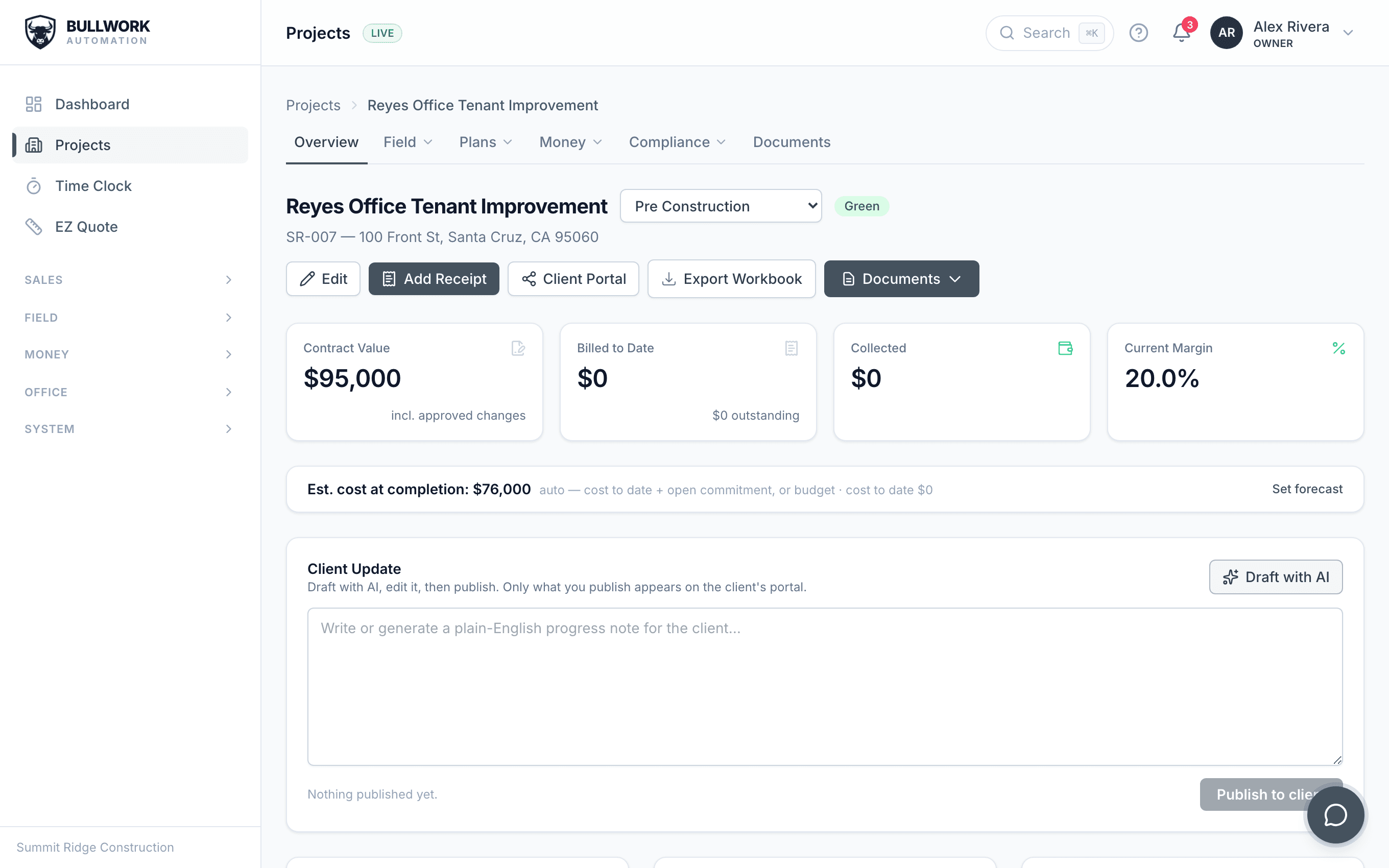 Bullwork project management view with budget, billing, and change orders